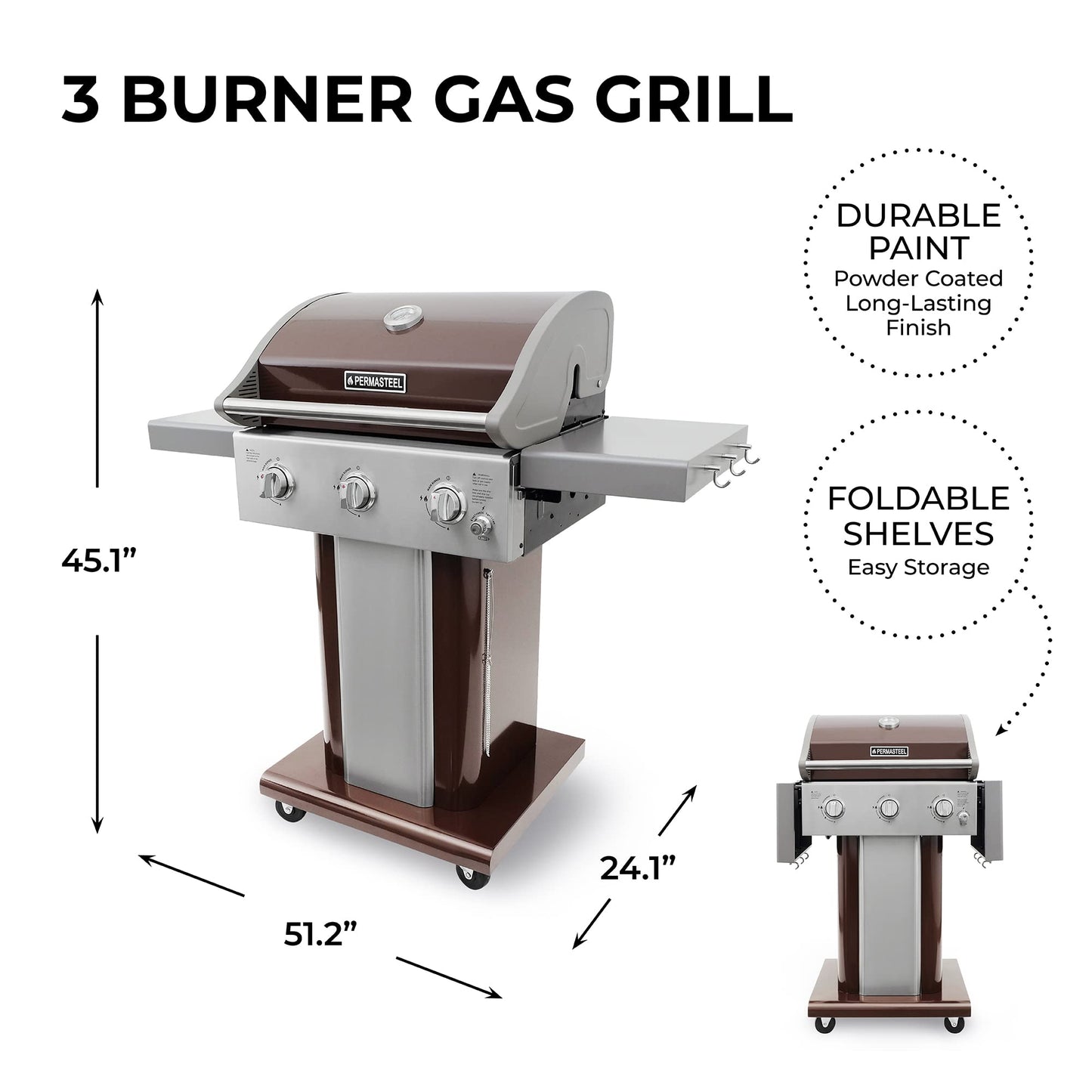 Permasteel 3-Burner Propane Gas Grill, 30,000 BTUs BBQ Grill with Cast Iron Grates, Foldable Side Tables & Tool Hooks, Outdoor Grill, Mocha