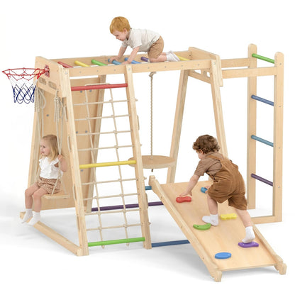 OLAKIDS Indoor Jungle Gym, 9 in 1 Wooden Montessori Baby Climbing Toys with Adjustable 2 Swings Ramp, Monkey Bar Basketball Hoop Ladder Climb Net (Colorful)