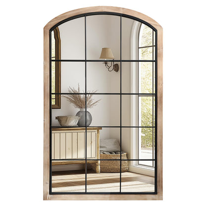 IPOUF Arch Window Mirror, 30X48 Farmhouse Arch Wall Mirror, Wood Framed Rustic Mirror Metal Inner Frame Decorative for Entryway & Living Room,Natural