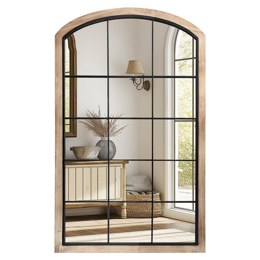 IPOUF Arch Window Mirror, 30X48 Farmhouse Arch Wall Mirror, Wood Framed Rustic Mirror Metal Inner Frame Decorative for Entryway & Living Room,Natural