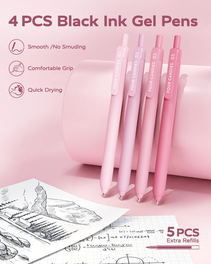 Four Candies Pink School Supplies with Case, Gel Pens with Black Ink, Correction Tapes, Pastel Highlighters, Mechanical Pencils, Sticky Notes, Index Post for Bible Study Stationary College Essentials