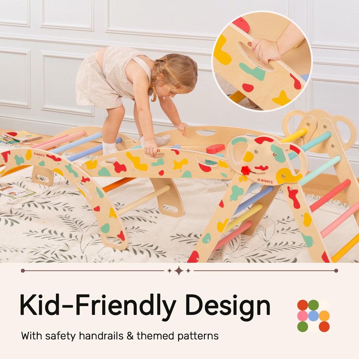 WINGYZ Pikler Triangle Set, Montessori Foldable 8-in-1 Jungle Gym & Reversible Animal Slide, Patent-Protected Climbing Set, Safe 2.35" Gap ASTM F963 Standards for Toddlers 18 Months-7 Years (Rainbow)