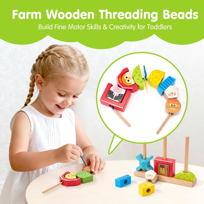 hahaland Montessori Wooden Brain Building Block for Toddler 1-3 Stacking Toy Day & Night Puzzle Game with 24 Challenges Toddler Lacing Stringing Beads for Ages 1 2 3 Preschool Learning Activities