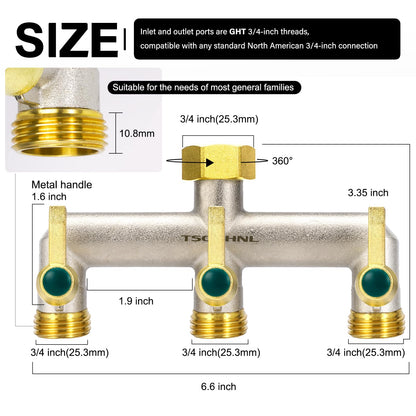 Garden Hose Splitter, 3-Way Faucet Diverter with 3 Extended Metal Handles, Outdoor Hose Splitter, Heavy Duty Brass Nickel Plated, GHT 3/4-Inch Heavy Duty Hex Female Inlet and 3/4-Inch Male Outlet