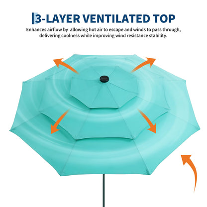 JoanKaren 3 Tier Patio Umbrella with Light, 9ft Outdoor Patio Umbrella with Vented Top, 24 LED Solar Lights, Easy Crank and Push Button Tilt, 8 Sturdy Ribs, for Pool, Deck, Yard, Garden, Light Blue