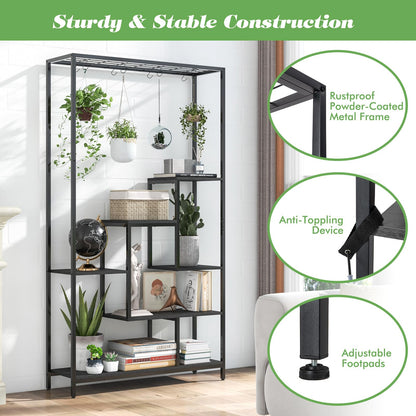 Giantex 71" Tall Plant Stand Indoor, 6-Tier Metal Plant Shelf with 10 Hanging Hooks, Multiple Potted Flower Bonsai Pots Display Rack for Indoor, Balcony, Living Room (Black)