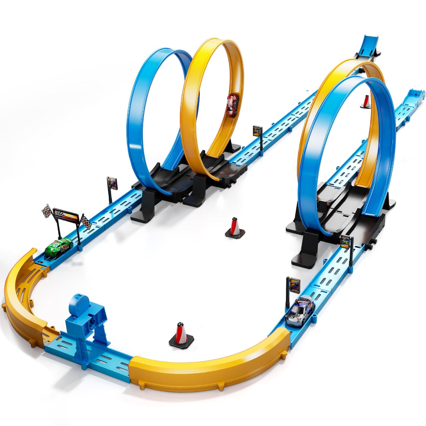 LILYBUDS Toy Car Track Gift Set for Boys Kids Age 3-5 4-7 8-12, Long Race Tracks with 4 Action Loops and 4 High-Speed Slot Die-Cast Race Cars, 35+ Pieces Race Tracks to Create Multiple Configurations