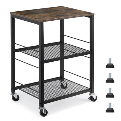 MOOACE Rustic 3 Tier End Table with Wheel, Side Table Nightstand Storage Shelf for Bedroom Kitchen Living Room and Office, Stable Metal Frame, Wood Top, Easy Assembly - Brown&Black