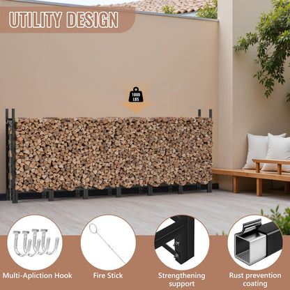 Benass 8FT Outdoor Firewood Rack, Heavy Duty Fire Log Stacker Stand for Wood Storage, Firewood Holder with Outdoor Indoor Firewood Carrier for Fireplace, Patio
