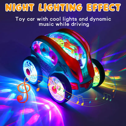 Light Up Transparent Sensory Car Toy - 360° Standing Rotation Roll Stunt Car, Bump and Go Toy Cars with Colorful Moving Gears & Music, Educational Toys for Toddlers, Best Gifts for Kids 1 2 3 4 Years