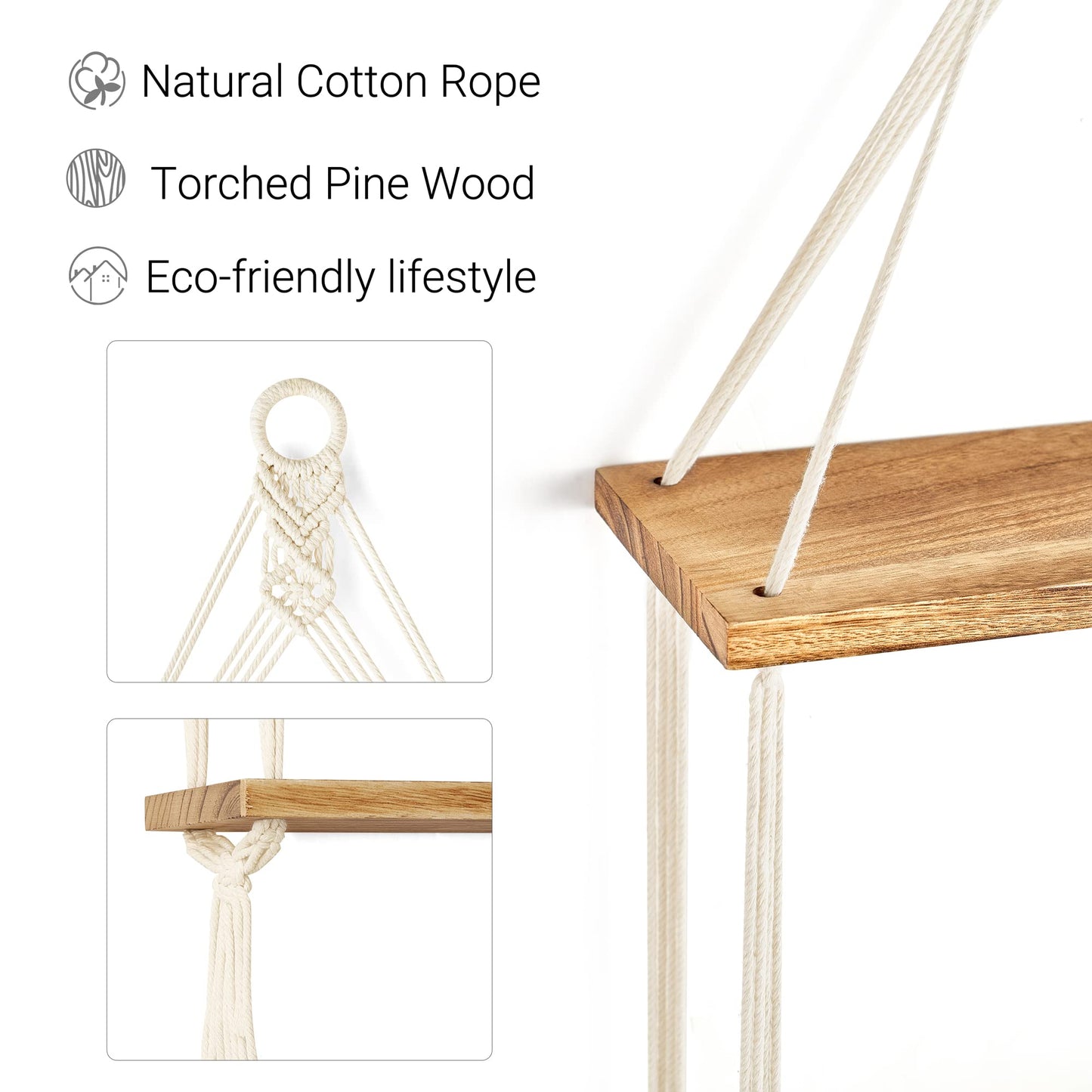 Mkono Macrame Hanging Shelf Boho Wall Decor 2 Tier Handmade Cotton Rope Rustic Wood Floating Shelves Display Photos Plants Hanging Storage Shelving for Living Room Nursery Bathroom Bedroom