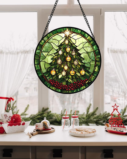 DASTOLL Stained Glass Window Hanging - Green Christmas Tree Golden Bells Suncatcher for Doors Home Christmas Decoration Sun Catcher Thanksgiving New Year Birthday Gift for Women Men Mom Nana 7.8 in