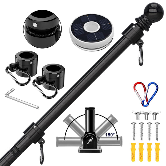 ZMTECH 6FT Flag Pole Kit with Solar Light – Outdoor Stainless Steel Pole Set for House Yard, Includes 180° Adjustable Flag Holder & Mounting Base, Tangle-Free Design, Black (Flag Not Included)