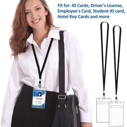 Marspark 200 Pcs ID Badge Holder with Lanyard Lanyards for ID Badges Resealable Flat Neck Name Tag with Clip Waterproof Plastic Clear Badges Bulk for School Office Supplies (Black)