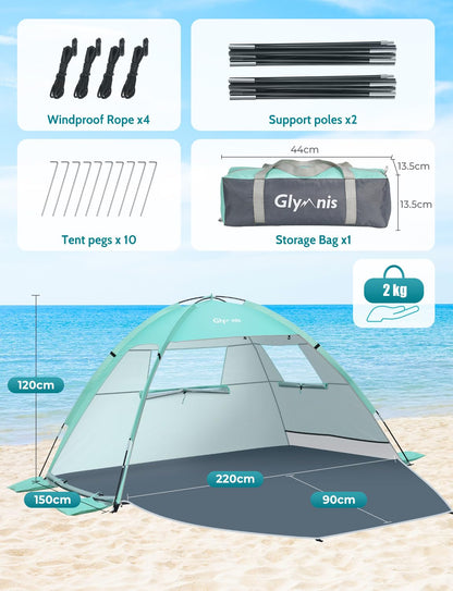 Glymnis Beach Tent Sun Shelter for 3 Person with UPF 50+ UV Protection, Lightweight & Easy Setup Beach Shade Canopy with Vent Windows & Zippered Door - Green