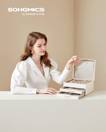 SONGMICS GISELLA Collection - Jewelry Box Organizer, 3-Layer Jewelry Storage with 2 Drawers, Shiny Metal Hardware, Glass Lid, Modern, 8 x 9.1 x 5.3 Inches, Cloud White and Gold Color UJBC239WT