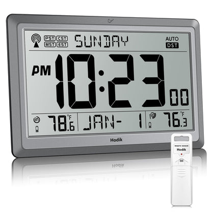 HODIK Wall Clock Atomic with Indoor Outdoor Temperature Battery Powered, Easy Reading with 10.5 Inch LCD Display, 330FT Range Table Wall Clock with DST, 12/24 Hour for Living Room Kitchen (Silver)