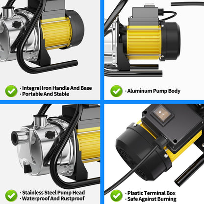 SHANGDA Water Transfer Pump 110V Shallow Well Pump 1.6HP Electric Portable Garden Pressure Booster Pumps for Sprinkler Irrigation Lawn with Adapters, Yellow