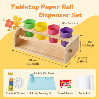 YOKUGO Kids Art Easel with Paper Roll, Desktop Painting Easel Wooden Tabletop Paper Roll Dispenser with Blue Silicone Painting Mat & Puzzle, Table Top Art Kit for Kids & Toddlers