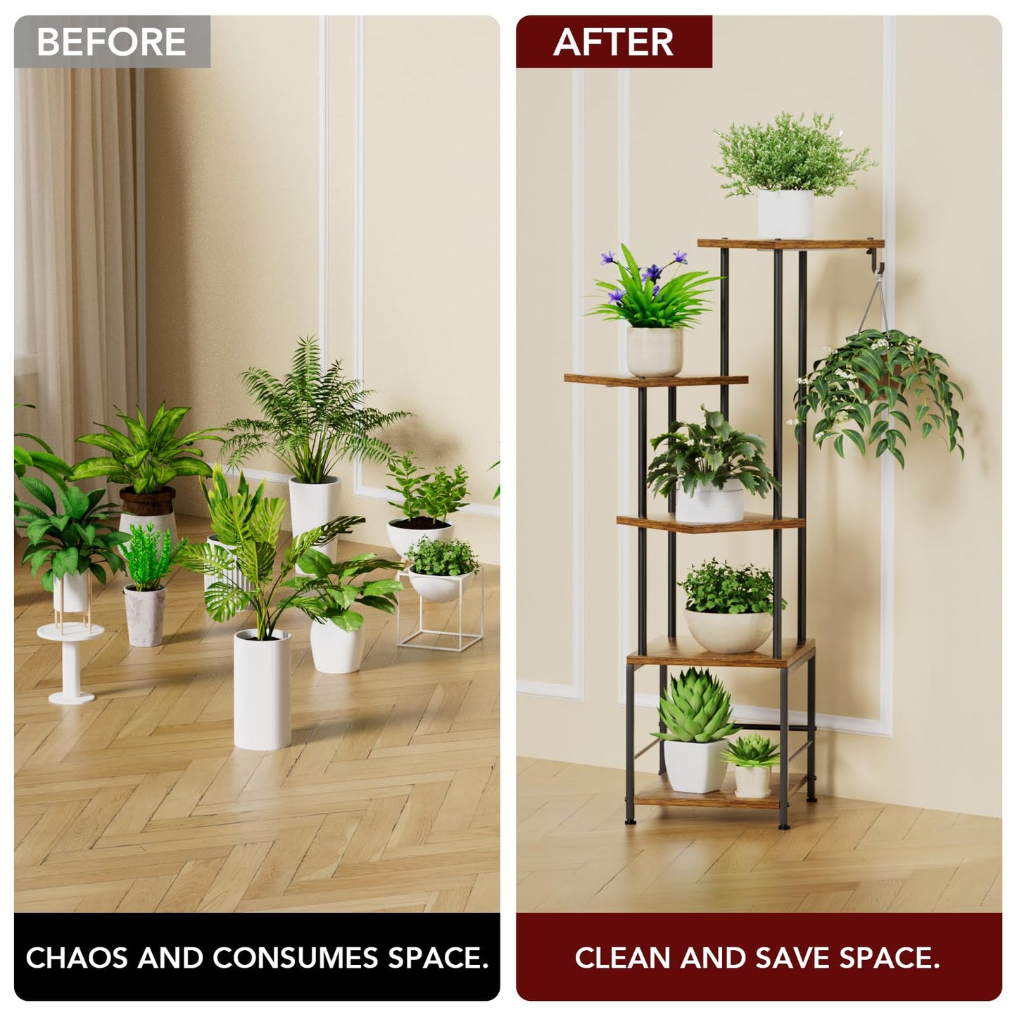Homsorout Plant Stand Indoor with Grow Light - 5-Tier Metal Plant Shelf with Hanging Basket Hook, Corner Tall Flower Holder for Multiple Plants, Living Room Balcony Garden Patio, Rustic
