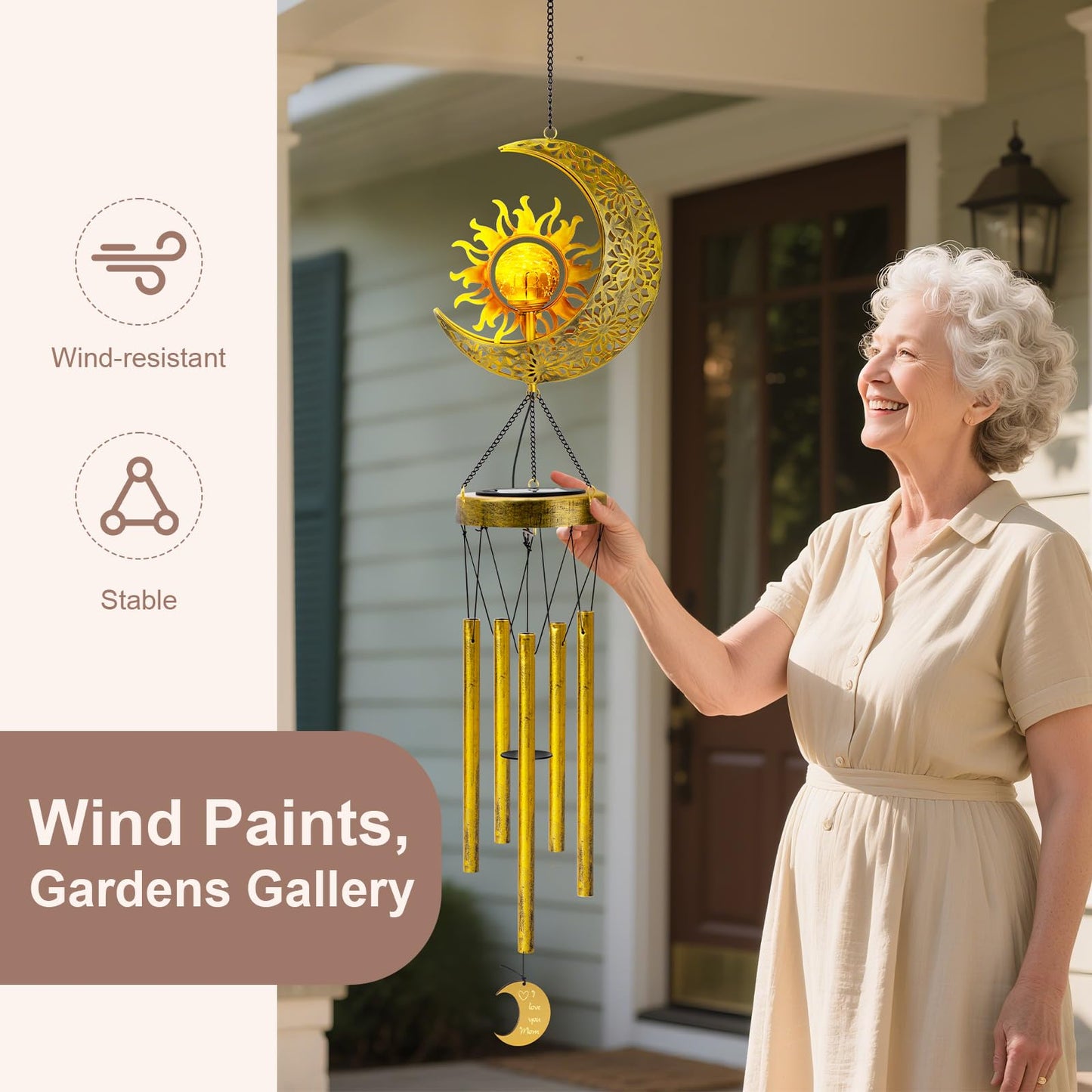 JYPS Sun Moon Solar Wind Chimes, 47-Inch Large Waterproof Windchimes for Outside with Glowing Crackle Glass Ball, Garden Patio Yard Decor Christmas Day Birthday Unique Gifts for Women Mom Grandma Wife