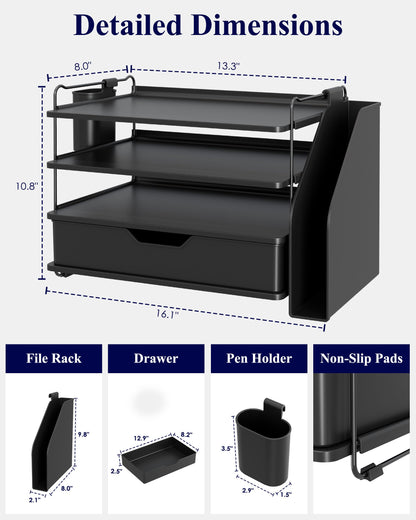 Kitsure Desk Organizer - 4-Tier Office Desk Accessories with Drawer ＆ Pen Holder, Tool-Free Assembly Organizer with Non-Slip Pads, for Office Supplies Storage, Plastic, 13.3" x 8.0" x 10.8", Black