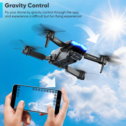 Flymevac Drone with Camera, Dual 720HD, Drone for Kids with Cool Lights, Gestures Control, Vertical Shooting, Waypoint Flight, Gravity Control, 3D Flip, 3-Speeds, Drones for Adults, Beginners, Kids