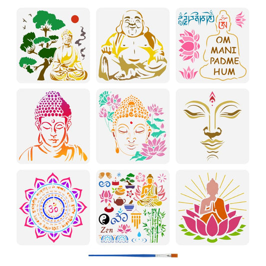 FINGERINSPIRE 9 Pcs Religious Pattern Stencils with a Brush 11.8x11.8Inch Buddha Painting Stencils Yoga Pattern Template PET Mandala Lotus Flower Template for Wood Wall Floor Tiles Furniture