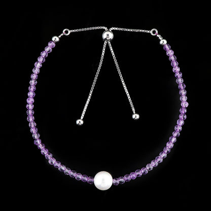 CRYSTALIS Natural Amethyst Beads Slider Bracelet with Elegant Pearl, High Grade Beaded Crystals, Chakra Healing Gemstone, Gift Giving Women Jewelry, 925 Sterling Silver Slider 10 inch