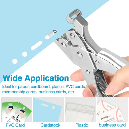 CAETOUNG 2 in 1 Badge Slot Hole Punch for ID Cards, Heavy Duty Hand Punch Metal Hole Puncher for PVC Material, Business Cards, Paper and Cardstock (5mm Round Hole &13mm X 3mm Slot Hole, Silver)