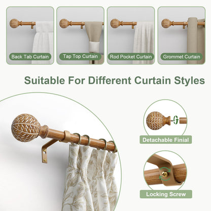 QDWIS Wood Curtain Rods for Windows 48 to 84 Inch,1'' Diameter Drapery Rods with Imitation Wood Grain Leaf Pattern Finials,Boho Adjustable Heavy Duty Curtain Rods Set,36-88'',Color:Natural Wood
