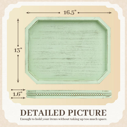 Wooden Decorative Tray, Rustic Sage Serving Tray with Wood Bead, Coffee Tabl, 16.5" x 13"x 1.6" (Sage Green)