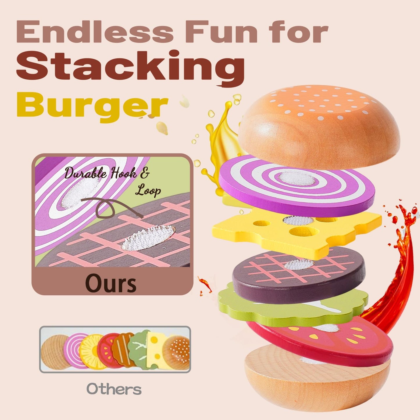 Smartwo Wooden Play Food for Kids Pretend Hamburger Set Fast Food Toy Play Kitchen Accessories for Toddlers Toy Food Gift for Boys Girls Educational Toys
