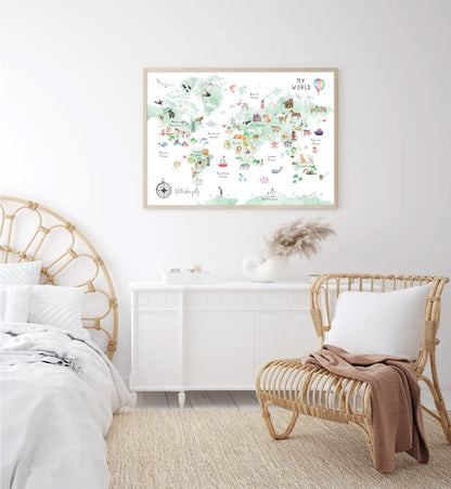 Joocrise Green Kids World Map Wall Art Animal Map Canvas Wall Art Nursery Wall Decor World Map Poster Childrens Room Decor Playroom Prints Educational Artwork 16x24 Inch Unframed