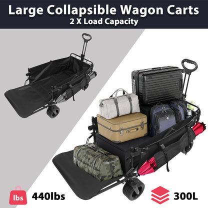 CQKEDMA 440 LBS Wagons Carts Foldable, Folding Collapsible Wagon Cart with Big All-Terrain Wheels & Cup Holders, Utility Graden Carts for Camping, Beach, Garden and Shopping