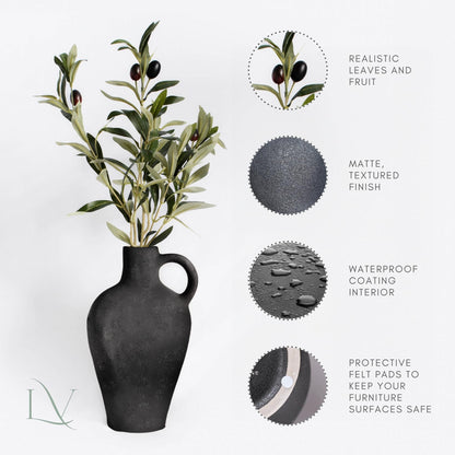Luxurious Gift Set Textured Ceramic Vase 10 Inch with Olive Branches 22 Inch Tall Black Medium Vase Artificial Topiaries Fake Plants, Minimalist Shelf Decor, Neutral Home Office High End Gifting Decor