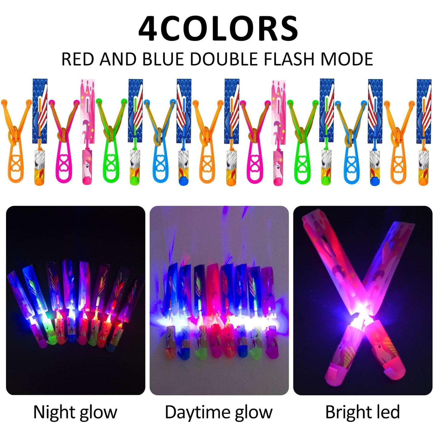 Bloolilies 72 Pcs LED Flying Toys Set, Glow in the Dark Party Supplies with 36Pcs Slingshots+36Pcs Glow Helicopters Rocket Launcher Light Up Outdoor Toys Birthday Gift Party Favors for Kids 4-8 8-12