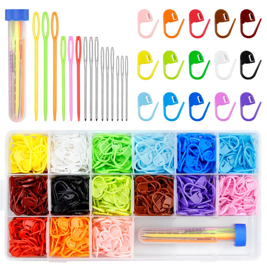 FIVEIZERO 900 Pieces Stitch Markers,with 15Pcs Large Eye Blunt Sewing Needles,Colorful Crochet Markers for Knitting Stitch Locking Clips Crochet Pins with Storage Box