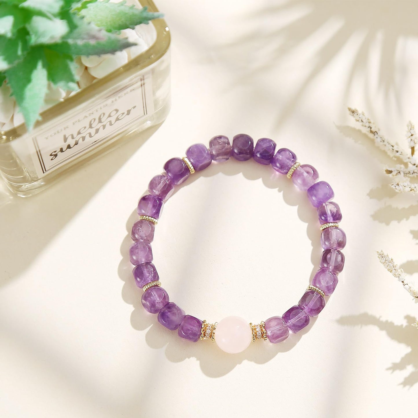 Magiriam Natural Amethyst Faceted Square Sugar Shape with Rose Quartz Bracelet Healing & Anxiety Crystal Bracelet - Gift for Women Lady and Friend