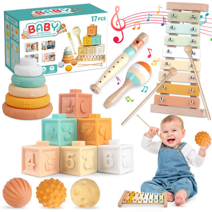 Wuzhineisn Baby Toys 6-12 Months Montessori Toys 6 in 1 Musical Instruments for Toddler, Stacking Blocks Development Learning Educational Toy with Wooden Xylophone Infant Baby Birthday Easter Gift