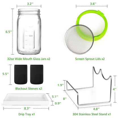 Kitmiido Seed Sprouting Kit, 2 Large Wide Mouth Mason Jars with Sprout Lids, Blackout Sleeves, Drain Tray, Stainless Steel Stand, Sprouts Growing Kit for Bean, Broccoli, Alfalfa (Yellow+Green)