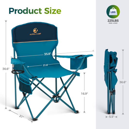 ALPHA CAMP Folding Camping Chairs for Adults Lawn Chairs Outdoor Chairs Support 250 LBS Portable Camp Chairs with Cup Holders Cooler Pouch for Outdoor, 2 Pack