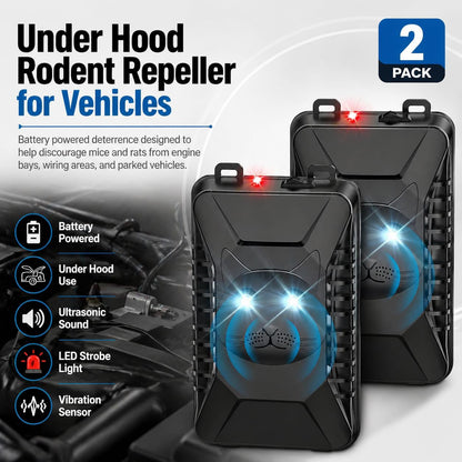 Rodent Repellent for Car Engine, Battery Powered Under Hood Ultrasonic Mouse Repellent with LED Strobe Light & Vibration Sensor, Protects Vehicle Wiring for Cars, Trucks, SUVs, RVs, Garage Use