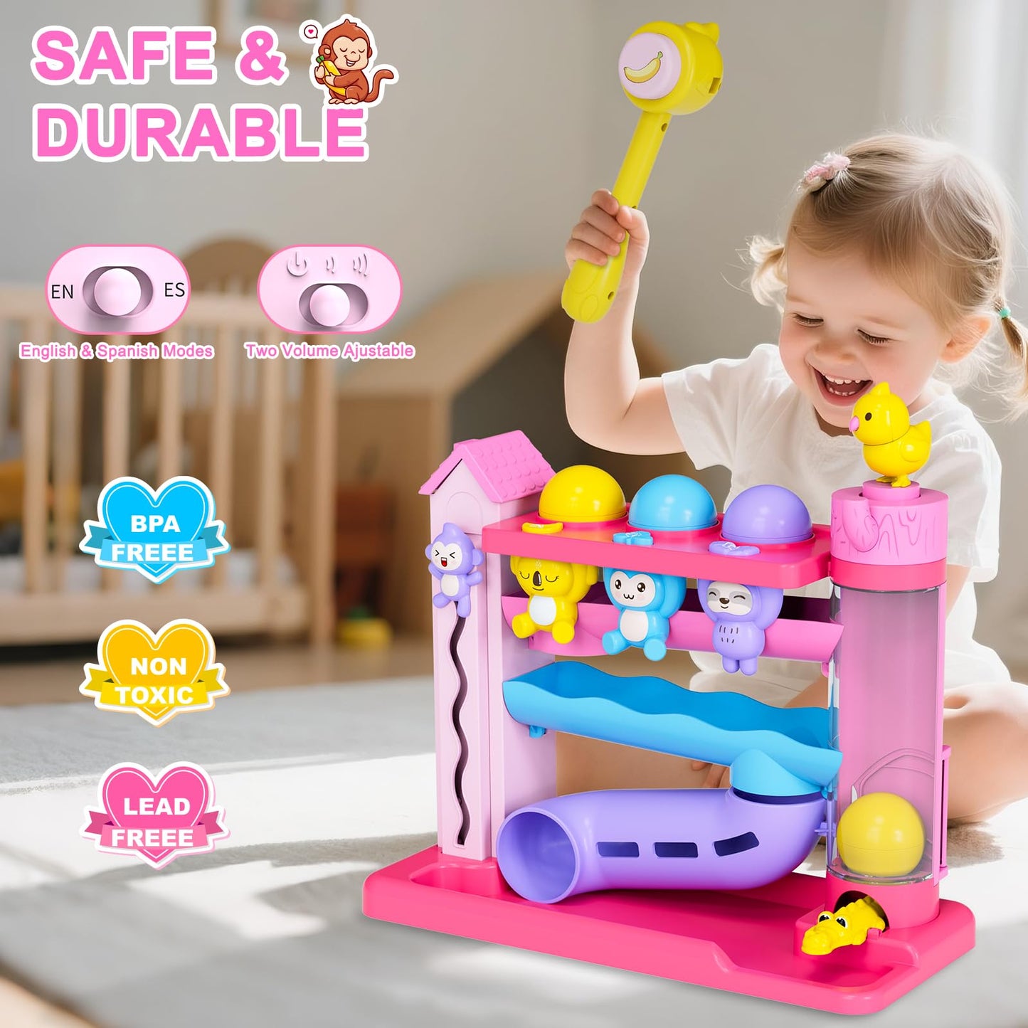 VOILBTOY Musical Toy for 1-2 Year Old Girls,Educational Baby Toys 12-18 Months,Ball Drop Toy with English & Spanish,Fine Motor Toys for Toddlers 1-3,Birthday Gift for 1+ Year Old Girl (Pink)