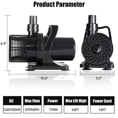 170W 4755 GPH Submersible Water Pump with Adapters, Water Pump 33 FT Lift High for Ponds, Fountains, Waterfalls and Water Circulation, Aquarium Pump Quiet Operation Vertical/Horizontal w/ 16 FT Cord