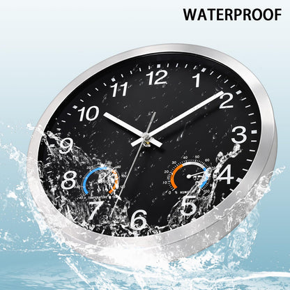 Caysie 12 Inch Indoor Outdoor Clocks Waterproof with Thermometer and Hygrometer Combo, Silent Battery Operated Quartz Metal Wall Clock for Patio Pool Bathroom Home (Black)