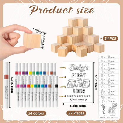 Aisharery 146 Pcs Baby Shower Game Sign Set Includes Decorative Square 54 DIY Blank Wooden Blocks 24 Paint Markers 27 Page Baby‘s First ABC Book