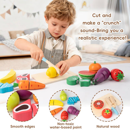 KDSFT Wooden Play Food for Toddlers - 34Pcs Velcro Fruit and Veggies with Basket & Chopping Board, Play Food Sets for Kids Kitchen Accessories, Cutting Fruit Set for Ages 3+
