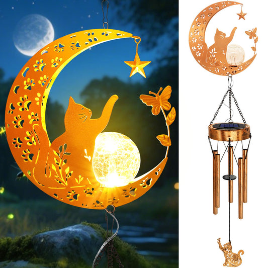 Solar Moon Cat Wind Chimes, Cat Lover Gifts for Mom Women Men Birthday Mothers Day, Hanging Outdoor Decor Cracked Glass Ball Memorial Large Wind Chimes, Decorations for Garden Yard Patio Porch