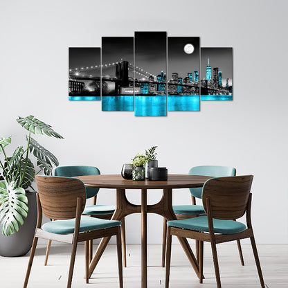 KLVOS 5 Panel Brooklyn Bridge Canvas Wall Art Modern New York City Picture Painting Blue Night View with Moon Decor for Home Ready to Hang